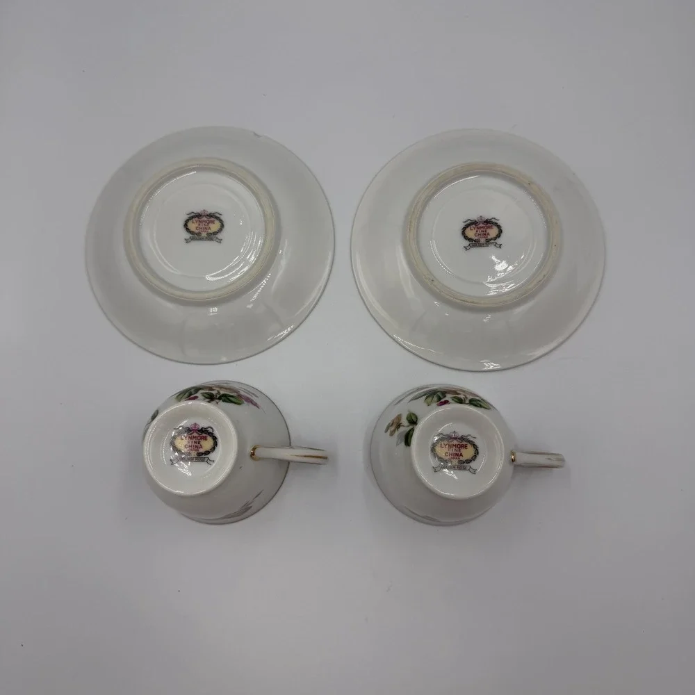 Vintage Lynmore Golden Rose 2 Teacups With Saucers  Fine China Japan Yellow Pink
